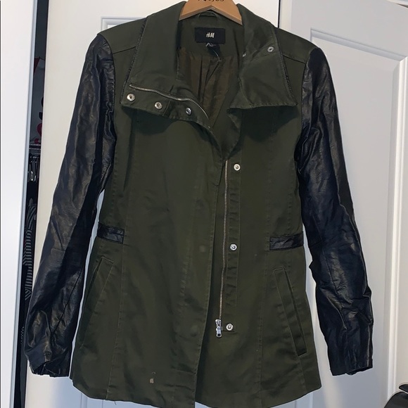 Army green jacket with leather sleeves - Picture 1 of 2